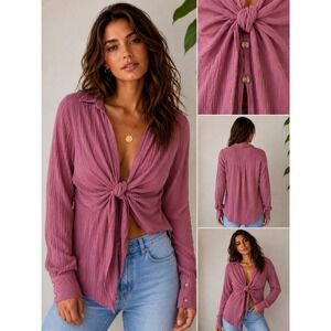 Free People Tie Front Crinkle Gauze Tunic‎ Top Pink Boho Long Sleeve S
